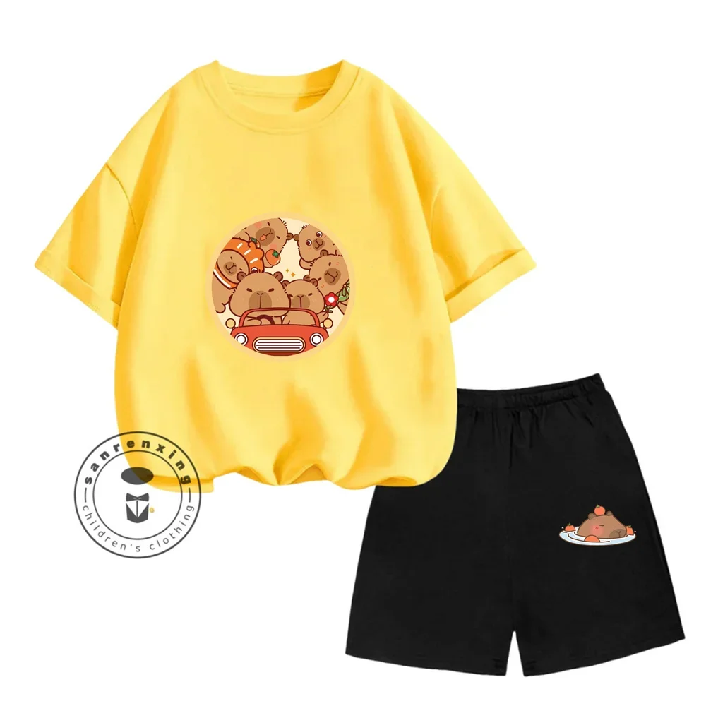 

Sanrio Kids T-shirt Capybara Print Boys Girls Short Sleeve T-shirt + Shorts Kids Sweet and Cute Summer Set