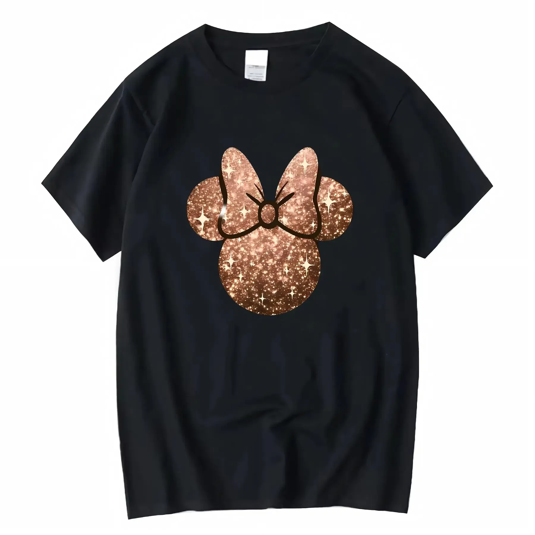 

Женская черная хлопковая футболка с блестящим бантом и Микки и Минни Маус, 100, с круглым вырезом, подходит для весны и лета, винтажная стираная футболка