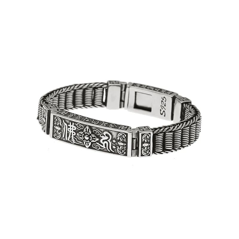 Unibabe Pure Silver Sterling 925 Solid Silver Religious Buddha Lection Braided Lock S925 Bangle Bracelet (HY3A)