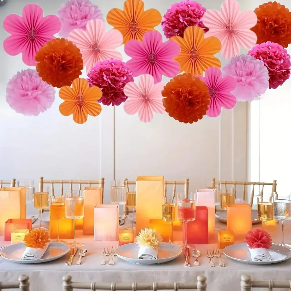 18Pcs Orange Rose Pink Paper Fans & Pom Poms Decor for Birthday Bachelorette Wedding School Party Harvest Festival & Anniversary view 5