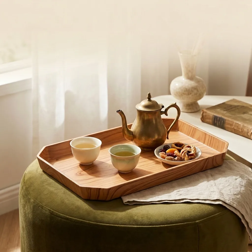 Wood Grain Octagon Serving Tray Stackable Raised Edges Plastic Tea Tray Food Plate Tableware Decorative Serving Dishes Platter