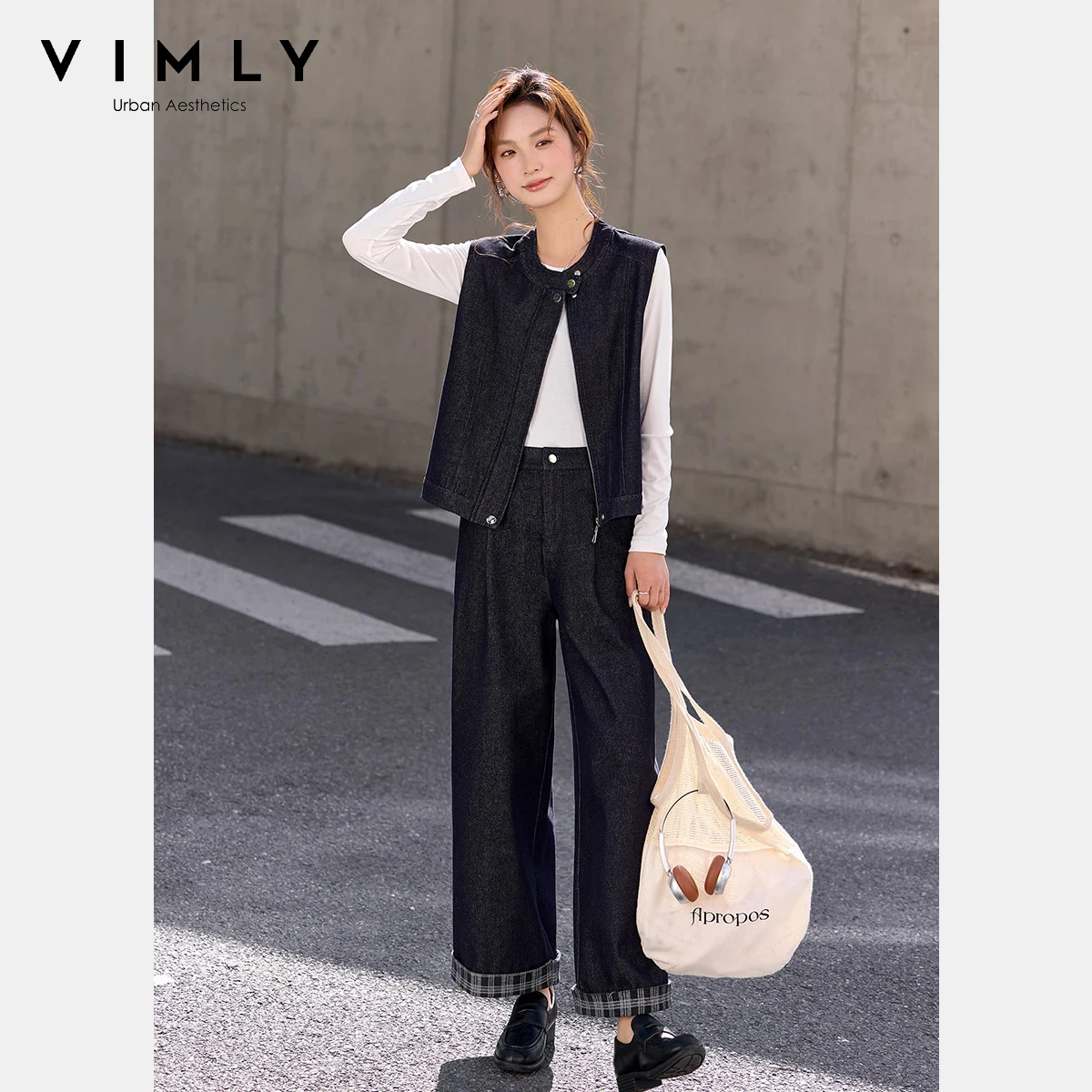 

Женский повседневный джинсовый костюм VIMLY, весна 2026, новинка: жилет без рукавов на молнии и брюки с широкими штанинами, комплект из двух предметов для женщин A3829