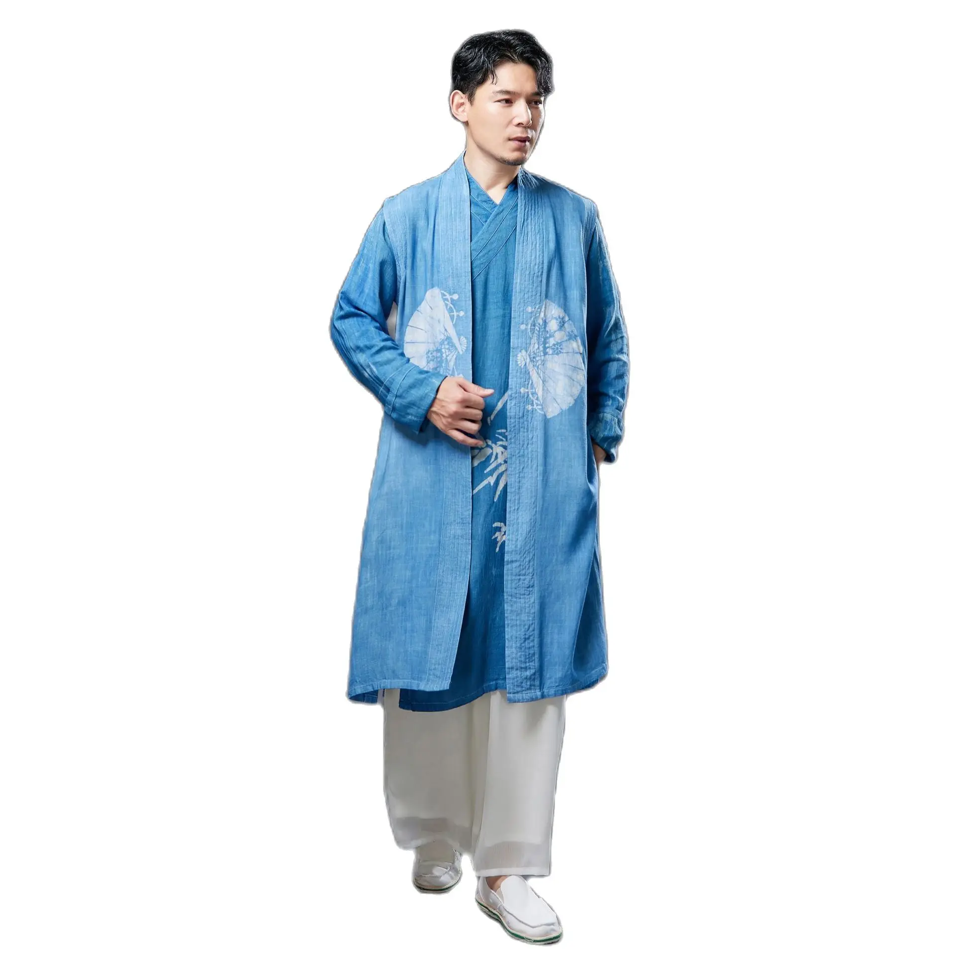 Men's EthnicClothing Blue Print Cardigan male vintage robe Breathable linen Costume Asian Buddhist Suit