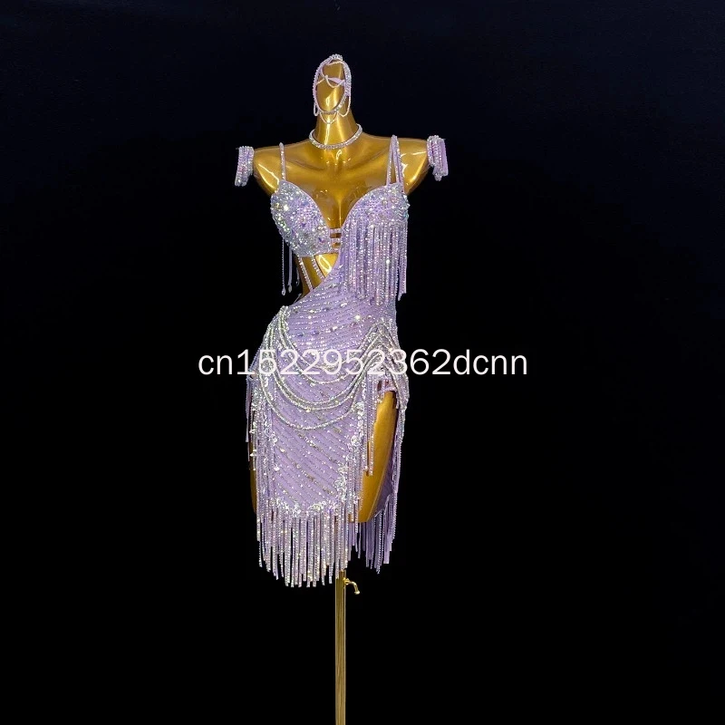 

Latin Competition Clothing High-end Luxury AB Stones Fringe Dress for Adult and Child Customized Latin Dance Performance Costume