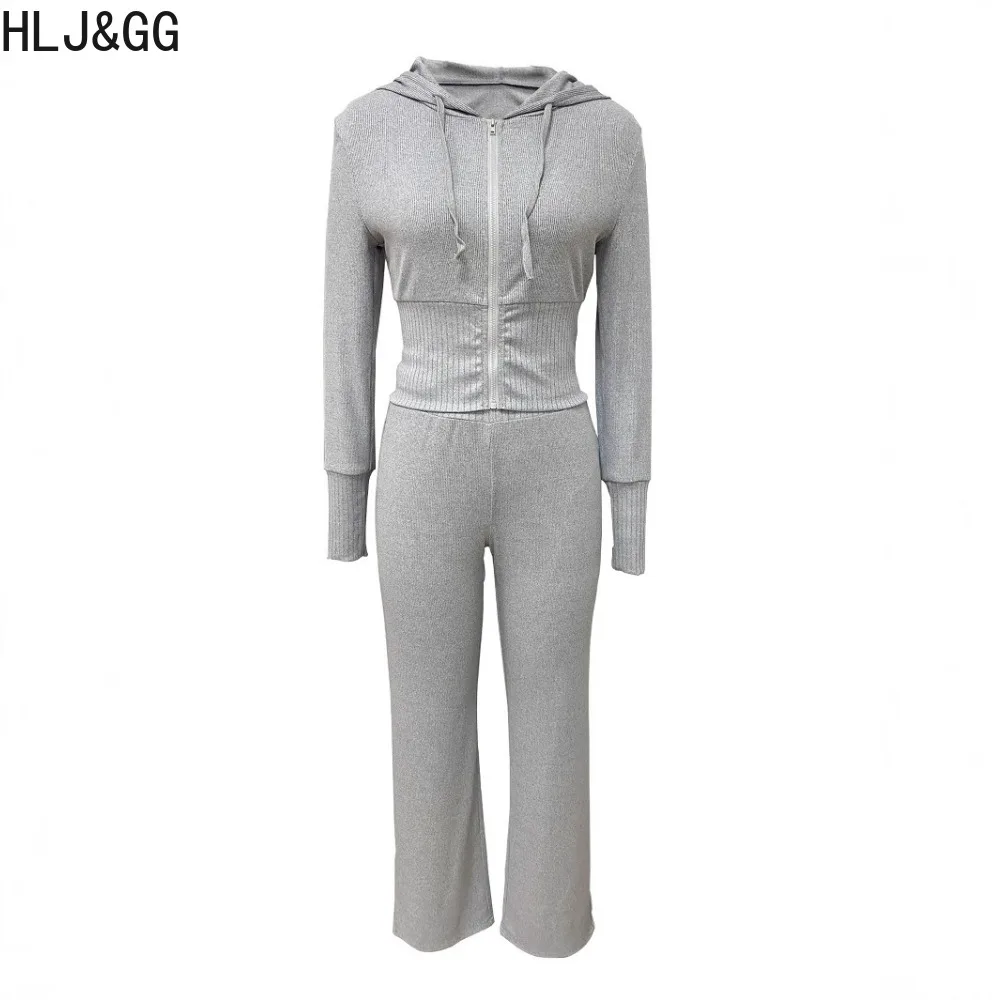 HLJ&GG Gray Autumn New Solid Sporty Jogger Pants Two Piece Sets Women Zipper Long Sleeve Hooded Crop Top And Pants Outfits 2025