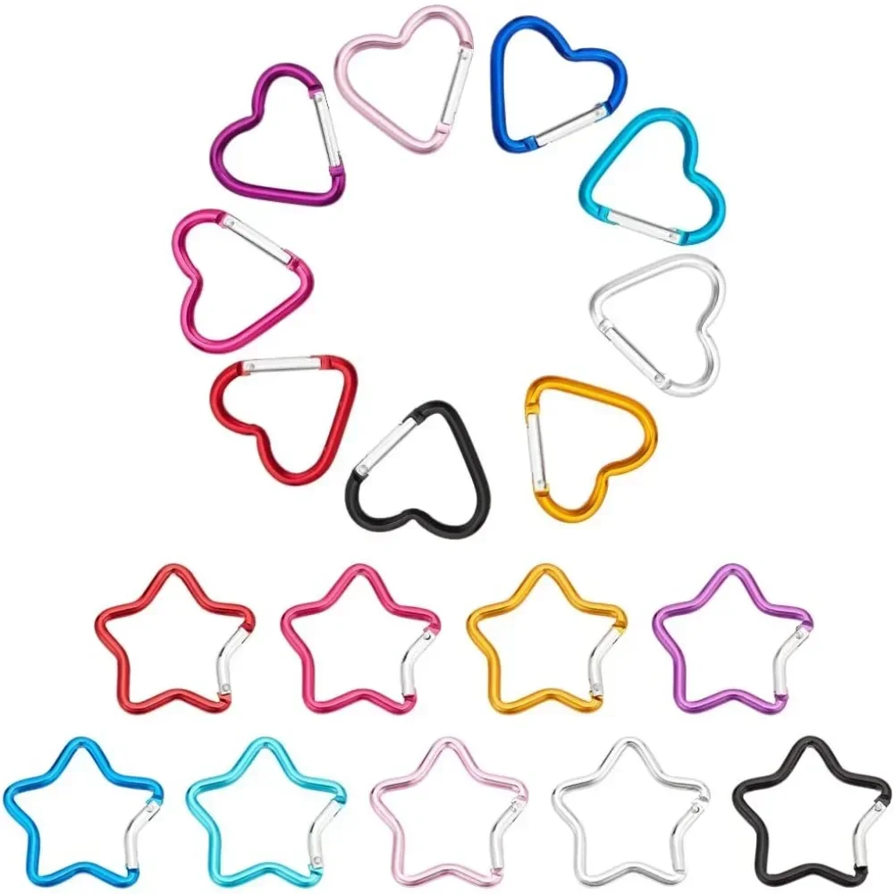 18 PCS Heart Star Carabiner Clip Set Cute Aluminum Alloy Rock Carabiners 18 Styles Key Clasps for Outdoor Accessories Hiking