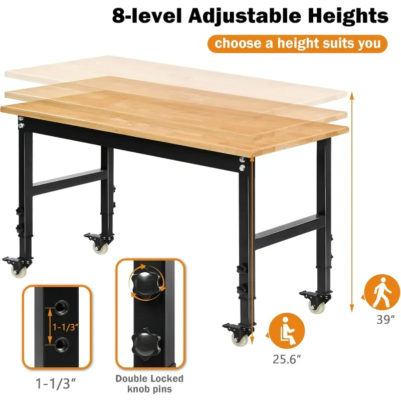 48" Heavy-Duty Adjustable Workbench, Rubber Wood Shop Table W/Metal Wheels, Hardwood Workstation Weight Capacity Over 2000 Lbs