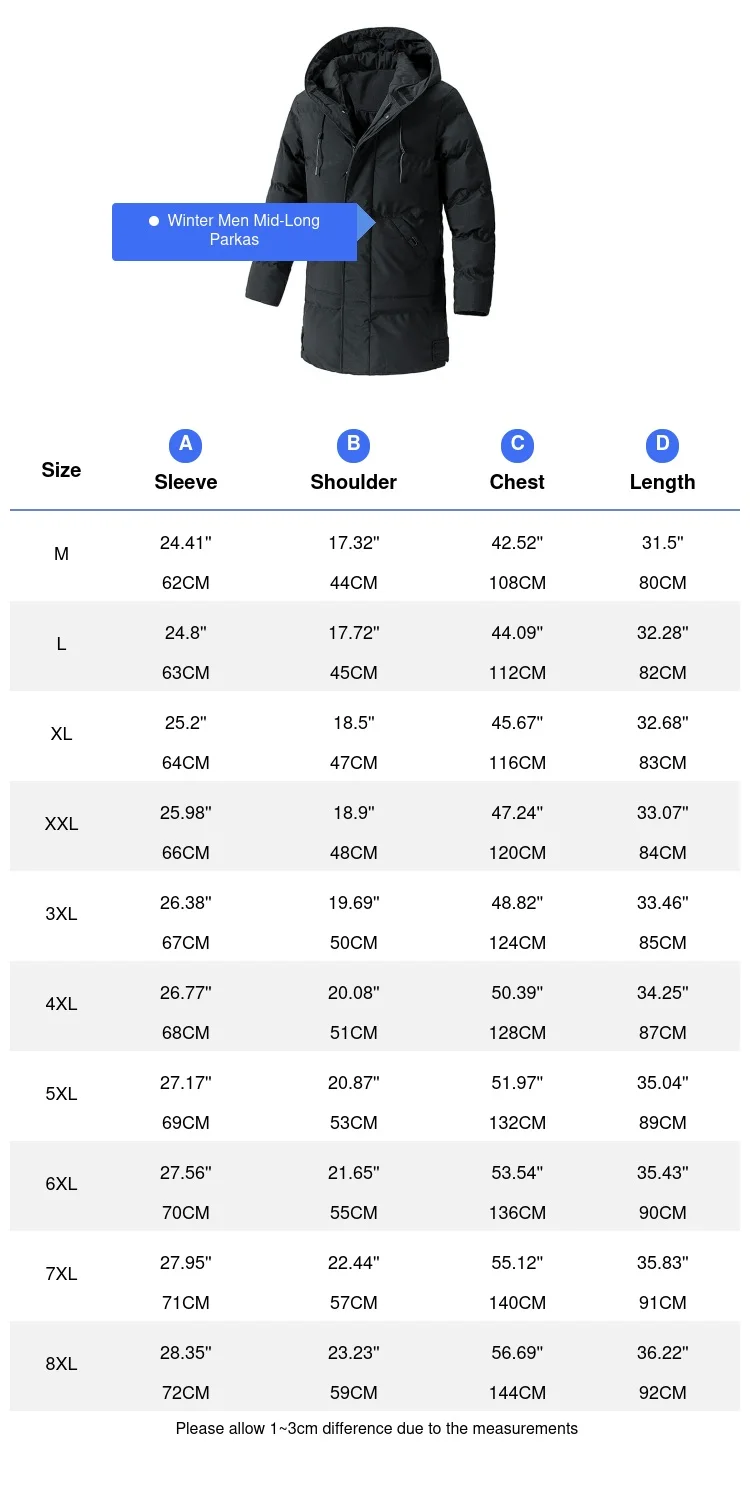 Zimowe męskie ciepłe ocieplane płaszcze moda męska bawełna grube średniej długości parki z kapturem męskie wiatrówki termiczne kurtki puchowe odzież 8XL