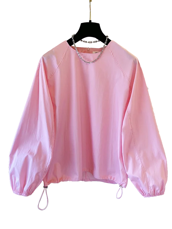 Unique Ele round Ne Long Sve Loose irt Women's Overhead Top Faionable Comfortable Autumn Season Pure Color irt