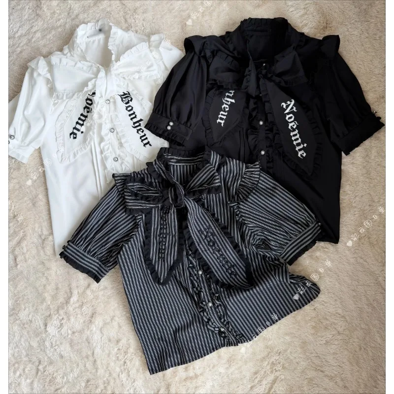 

Original Japanese Style 2026 New Summer Shirt Mass Production Gothic Dark Embroider Strap Big Bow Sweet Short-sleeve Blouse Top