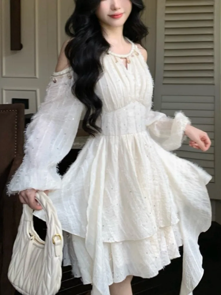 

Elegant Off Shoulder Halter Ruffles Mini Dress Women Autumn Solid Fairy Long Sleeve A-Line Pleated Vestidos Mujer Korean Clothes