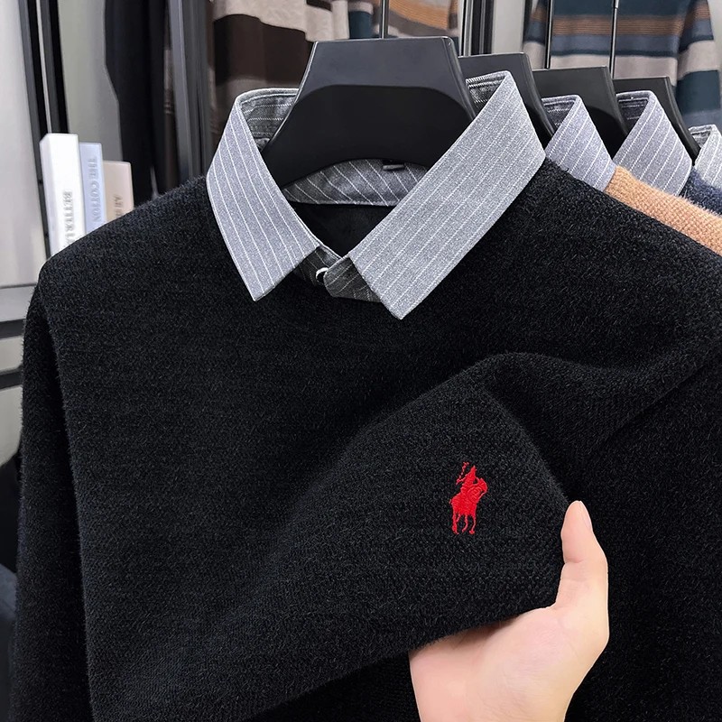 Fake Two Piece Shirt Collar Men's Sweater with Winter Velvet and Thick Insulation, High-end Embroidered Knitted Base Sweater