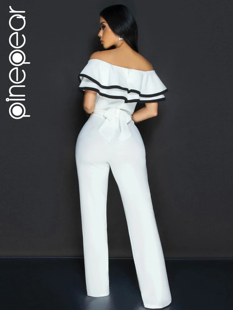 PinePear Sexy Off the Shoulder White Jumpsuit Women 2025 Fall Winter Fashion Elegant Ruffles High Waist Wide Leg Pants Jumpsuits