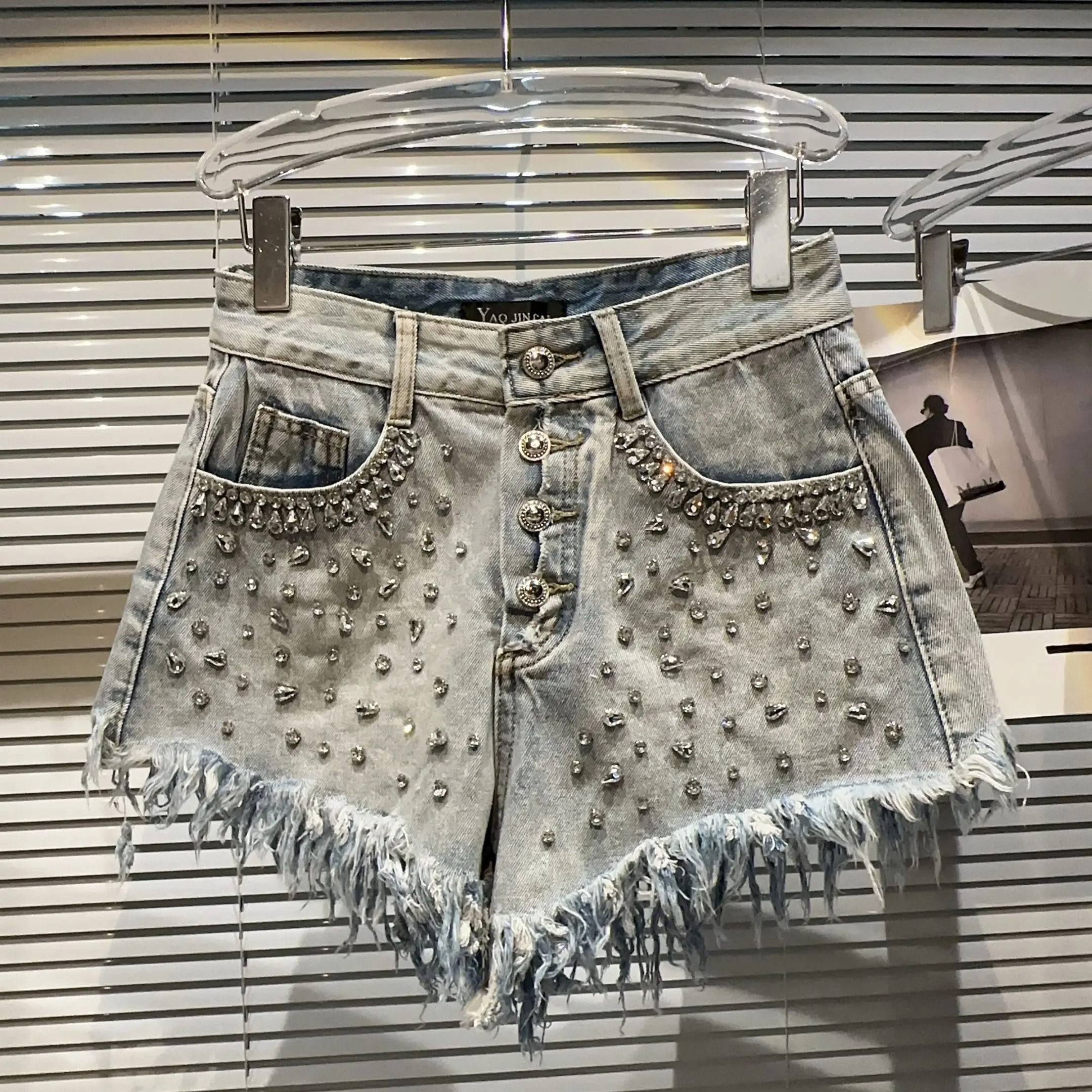 Diamond nail beads high waist denim shorts Tassel Elastic women trousers