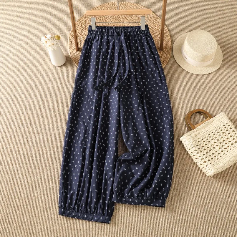 

Retro Loose Waist Wide Leg Balloon Pants Women Summer Elastic Waist plus Size Conceal Meat Slimming Youthful Casual Pants