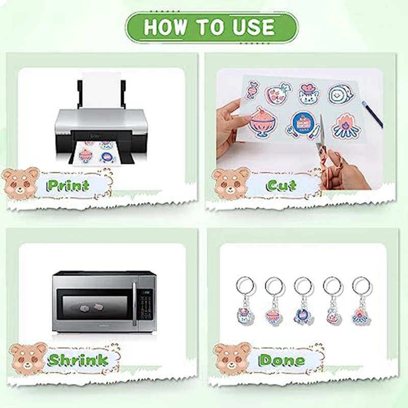 Набор брелоков-15 термоусадочных листов для печати, 20 брелоков, 100 раздельных колец и 5 зажимов-карабинов, сделай сам для детей, простая установка