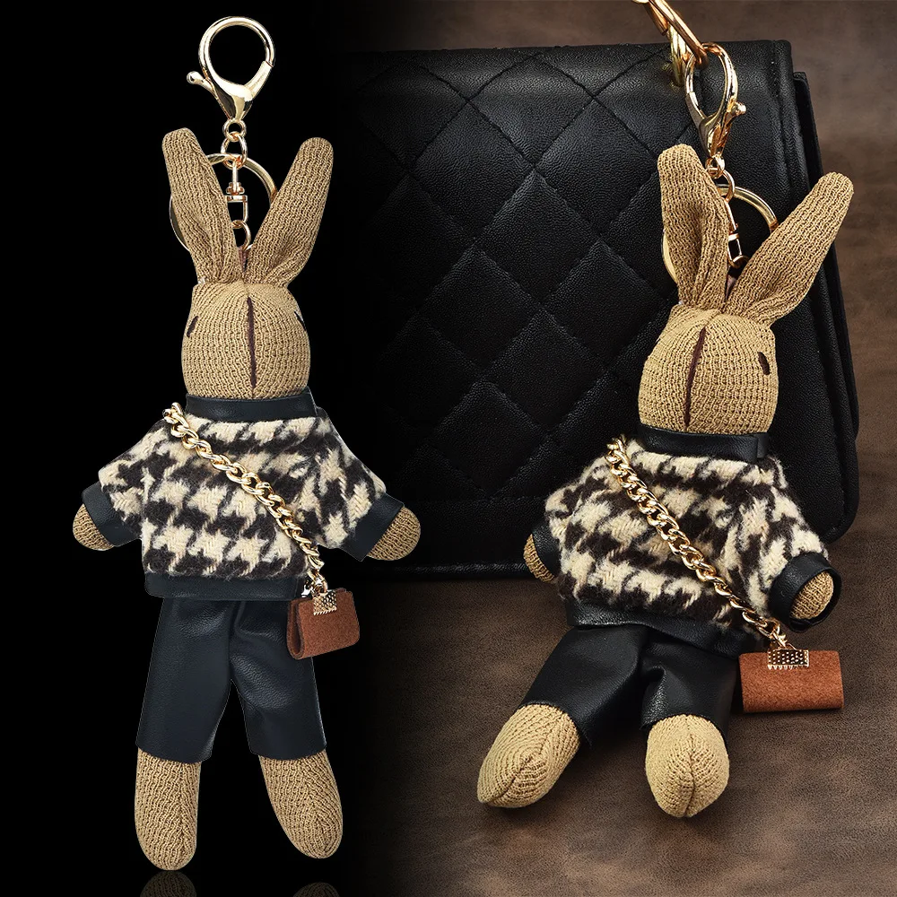 Fashion Thousand Bird Lattice Rabbit Fluffy Doll Keychain Cartoon Wear Sweater Leather Pant Carrying Crossbody Bag Bunny Keyring