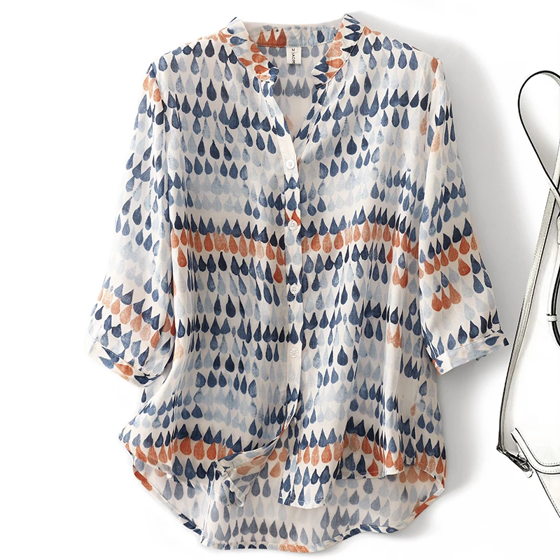 

Retro Print ort Sve V-Ne Chiffon irt Women Summer New Loose Personali Youthful Seven Sve Top Small irt