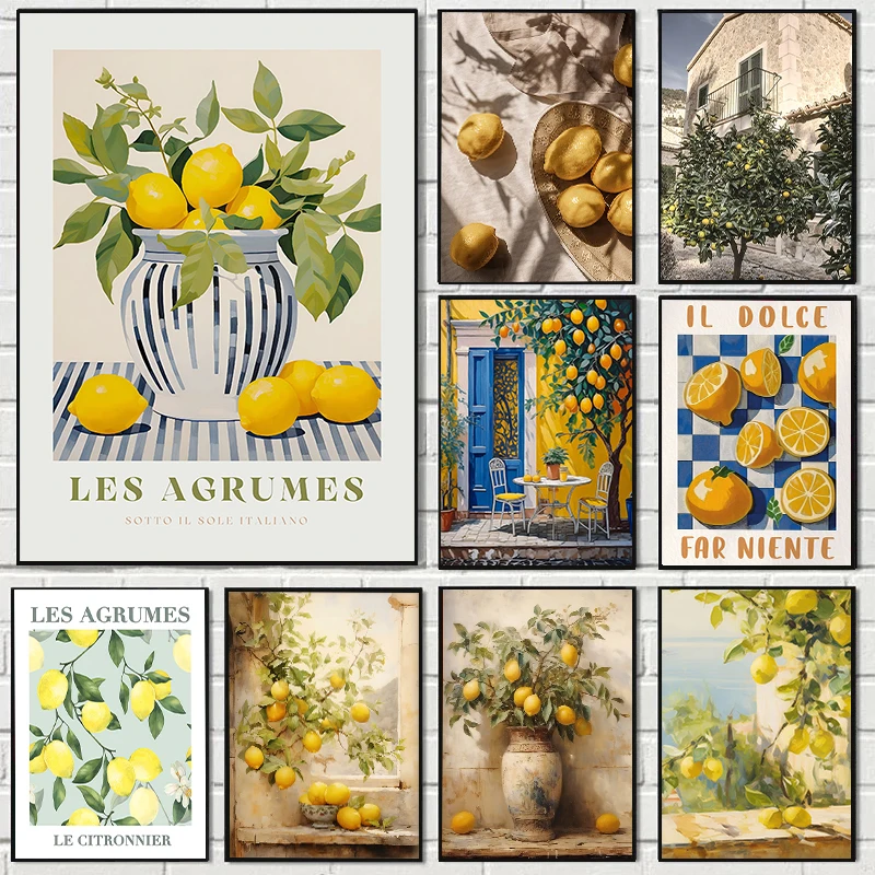 Retro Lemon Garden Canvas Poster Fresh Lemon Olive Tree Wall Art Prints for Modern Living Room Office & Summer Home Decor Gif