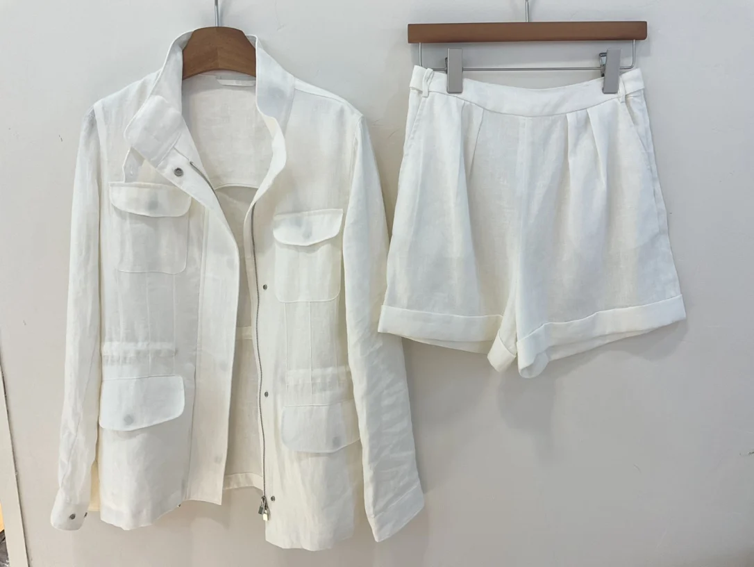 Spring Summer Women's Linen White Long-sleeved Shirt + Shorts 2-piece Set
