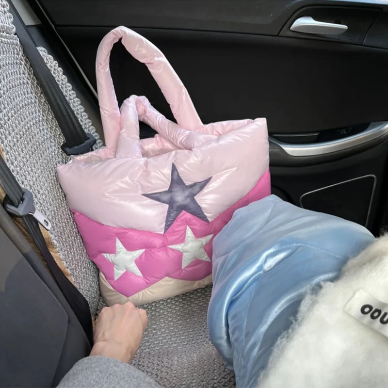 Pink Cute Star Splicing Down Bag Tote Bag Women\'s Large Capacity Winter New Star Splicing Hand Bill Shoulder Underarm Bag