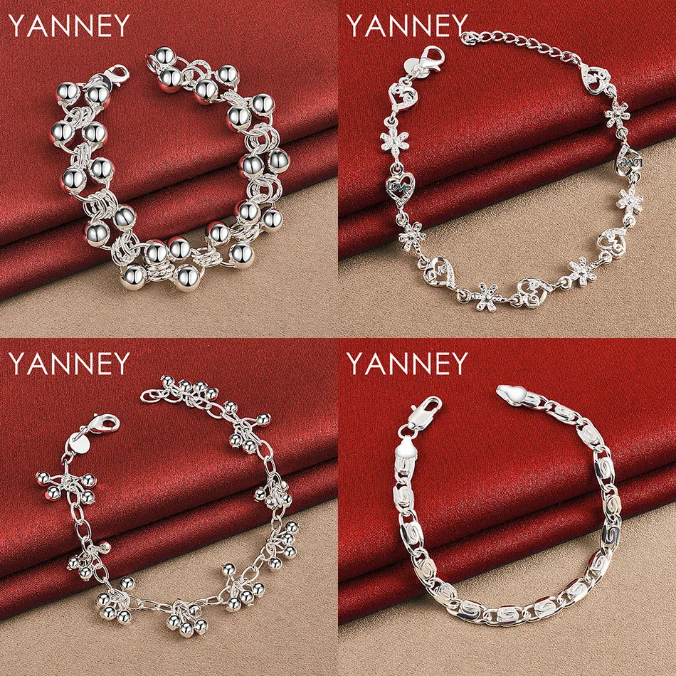 

Fashion 925 Sterling Silver 8 Inch Exquisite Flower Heart Round Bead Bracelet Women Party Accessories Gift Jewelry