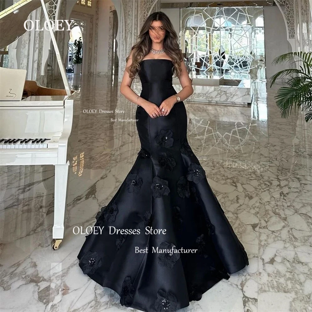 

OLOEY Exquisite Black Mermaid Evening Dresses Silky Taffeta Strapless Wedding Party Gowns 2024 Prom Dresses 3d Flowers Custom