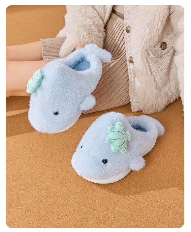 Neue Niedliche Plüsch-Delfin-Hausschuhe für Damen mit Muschel-Applikation, Gemütliche Offene Rückseite, Flauschige Indoor-Schuhe, Warme Winter-Hausschuhe für Frauen – Detail 10