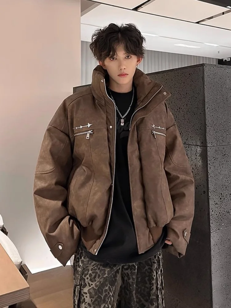 

Мужская зимняя утепленная куртка в американском ретро-стиле с воротником-стойкой, из кожи и хлопка, коричневая, рабочая одежда, хлопковая.