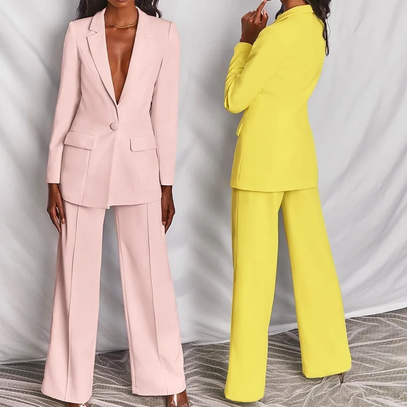 

Spring Autumn High Waist Straight Leg Suit Set Long Sleeves Faionable Women Loose Solid Color Women's Fit Suit Two-piece Set