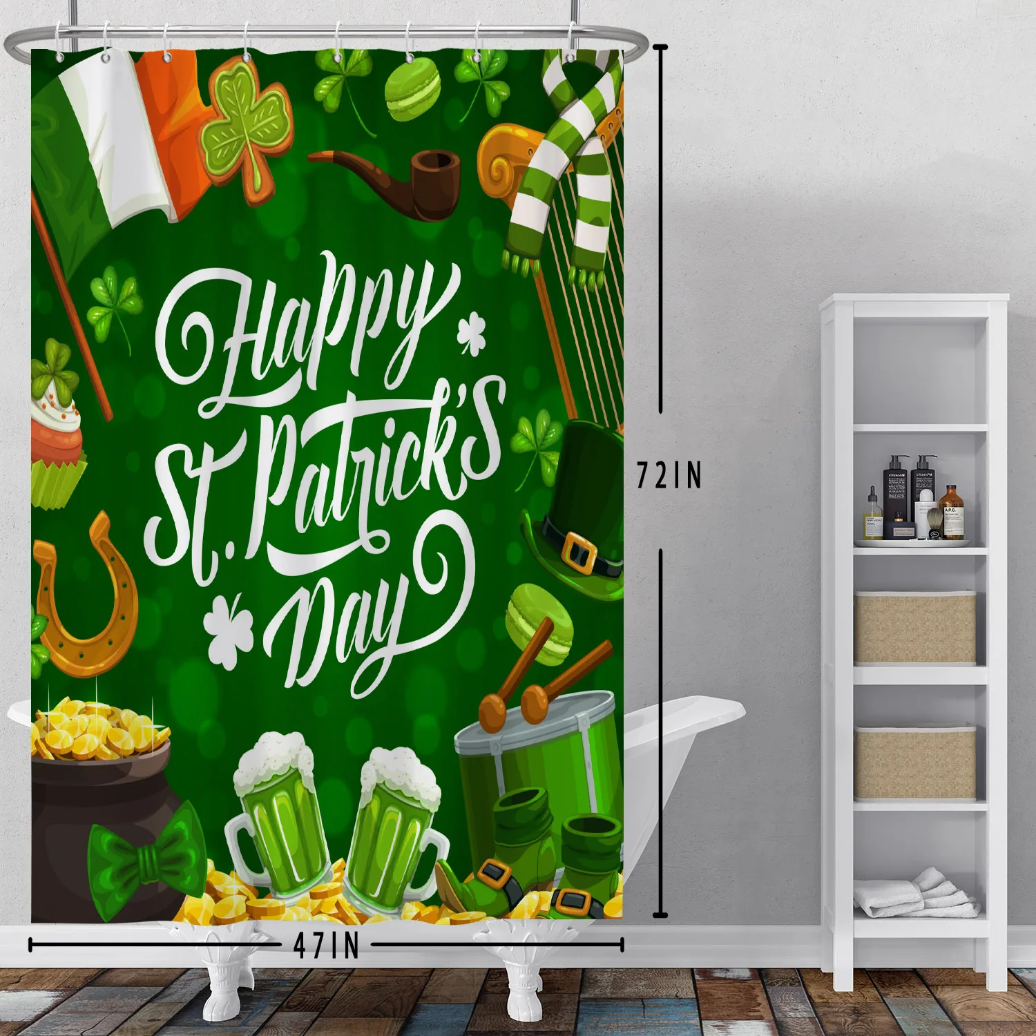 Saint Patrick's Day Theme Shower Curtains Green Lucky Clover Gold Coin Pattern Waterproof Bathroom Decoration Curtain with Hooks