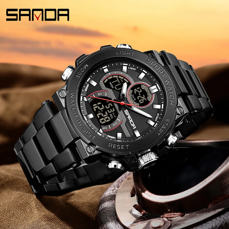 SANDA 6183 Fashion Men\'s Electronic Watch Personalized Cool Night Light Multi functional Waterproof Steel Strip Men\'s Watch 2024