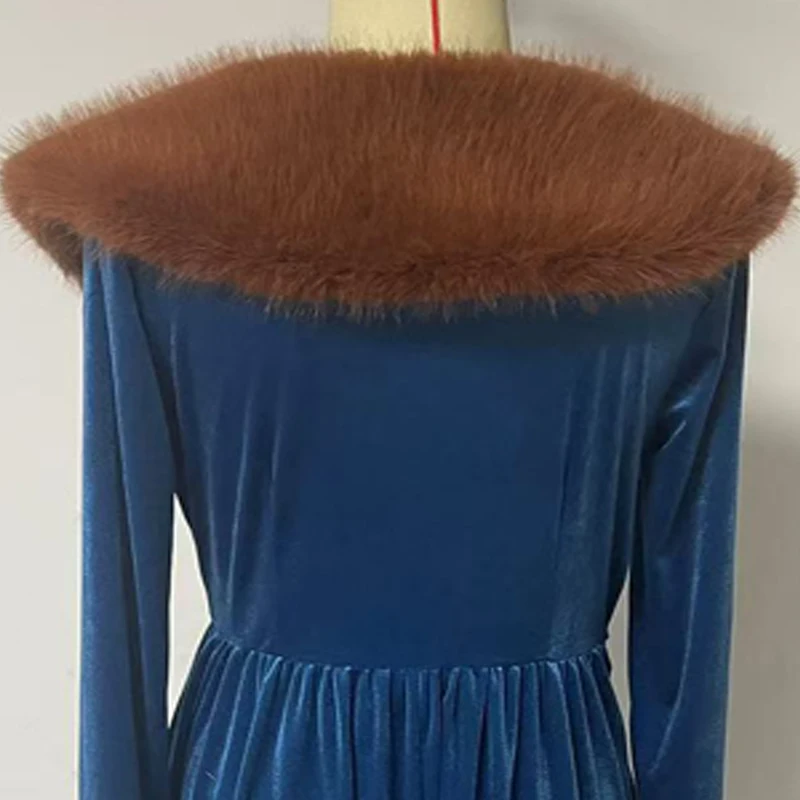 Vestido de invierno para mujer, cuello de pelo étnico, terciopelo dorado, estampado Sexy de plumas, vestido largo bohe de fiesta, vestido Retro de cintura alta para vacaciones, vestido cálido