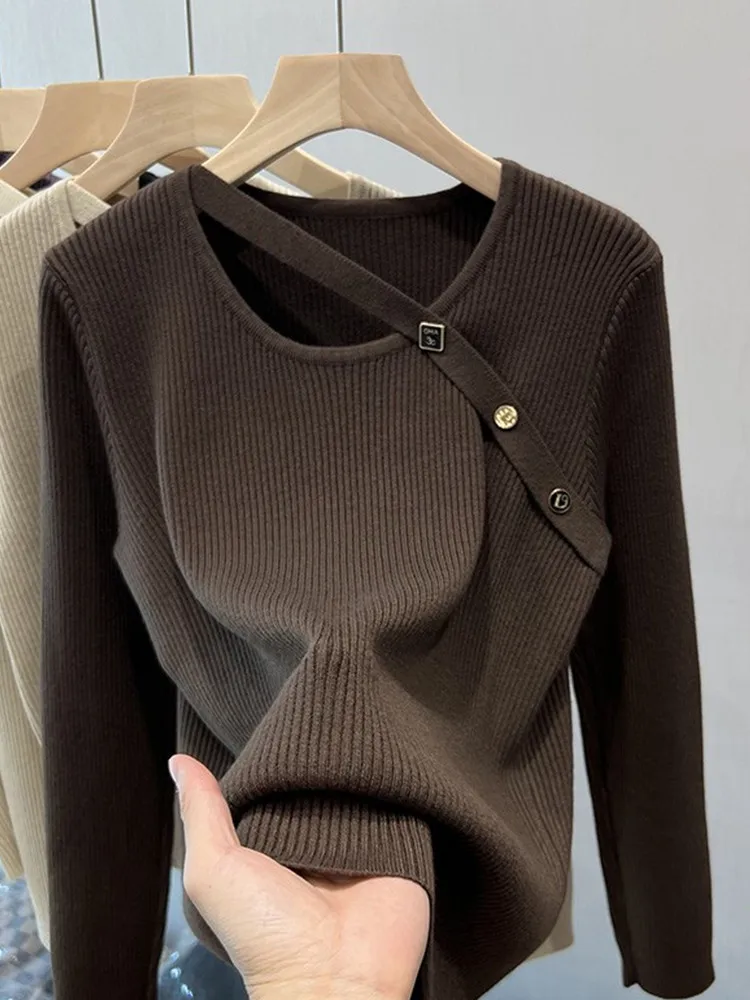 

Вязаный свитер больших размеров, женский модный осенне-зимний сексуальный топ нестандартной формы, повседневный V-Ne Long Sve, хлопковая смесь Base irt