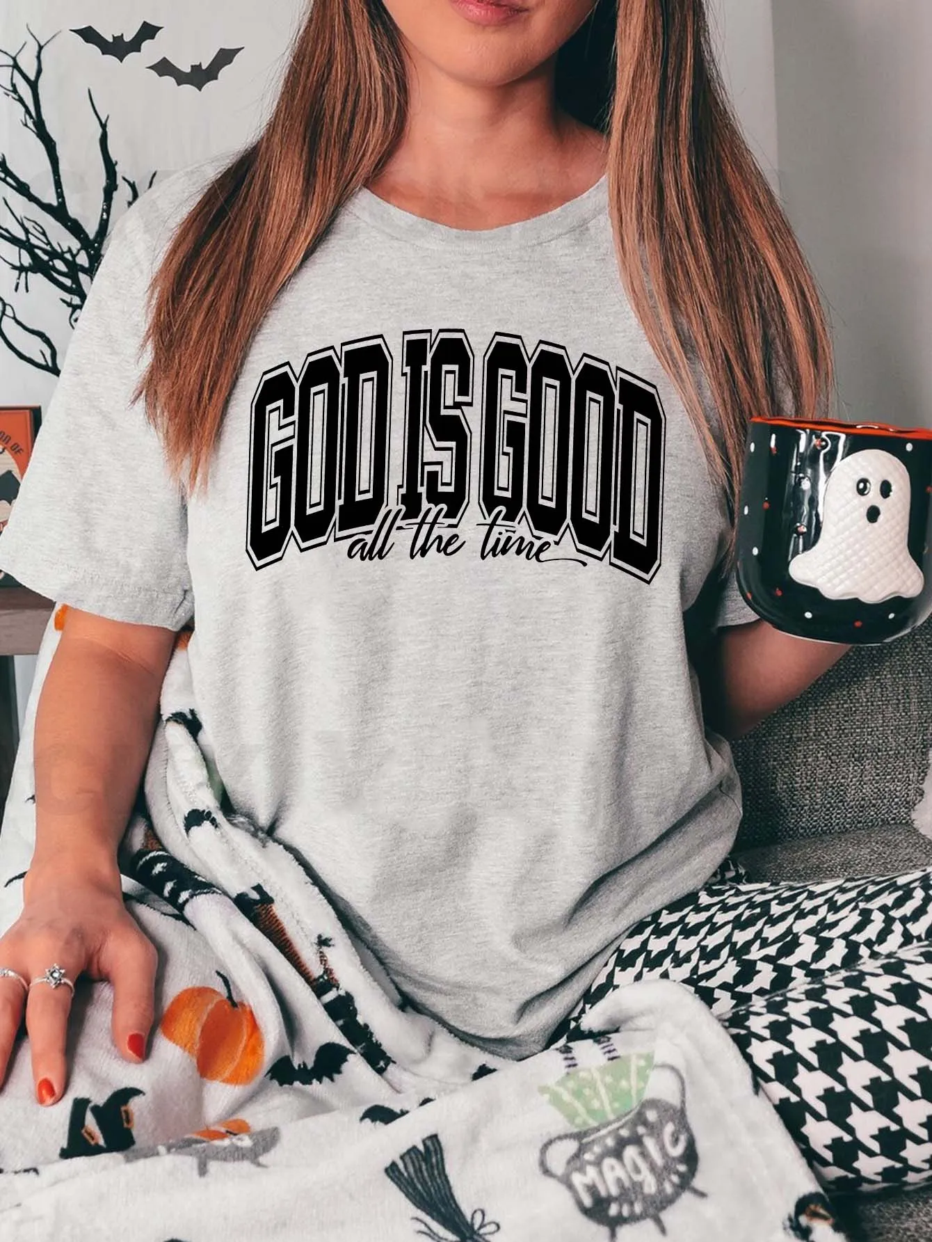 Women T Shirt Cotton god is good letter  Print Crew Neck T-Shirt, Casual Short Sleeve T-Shirt