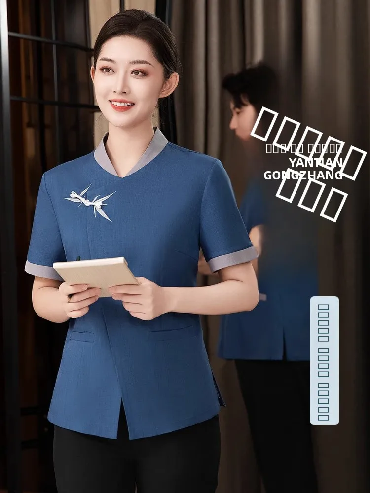 

Chinese Sle Hotel Housekee orm Set Proper Management Cleaning Auntie Workwear Polyester Fiber ort Sve V-Ne