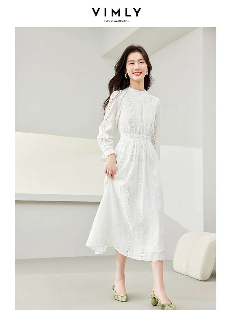 

Vimly A-line Women White Dress Spring/Autumn French Style Elegant Fashion Cotton 100% Hollow Out Long Sleeve Midi Dresses M6192