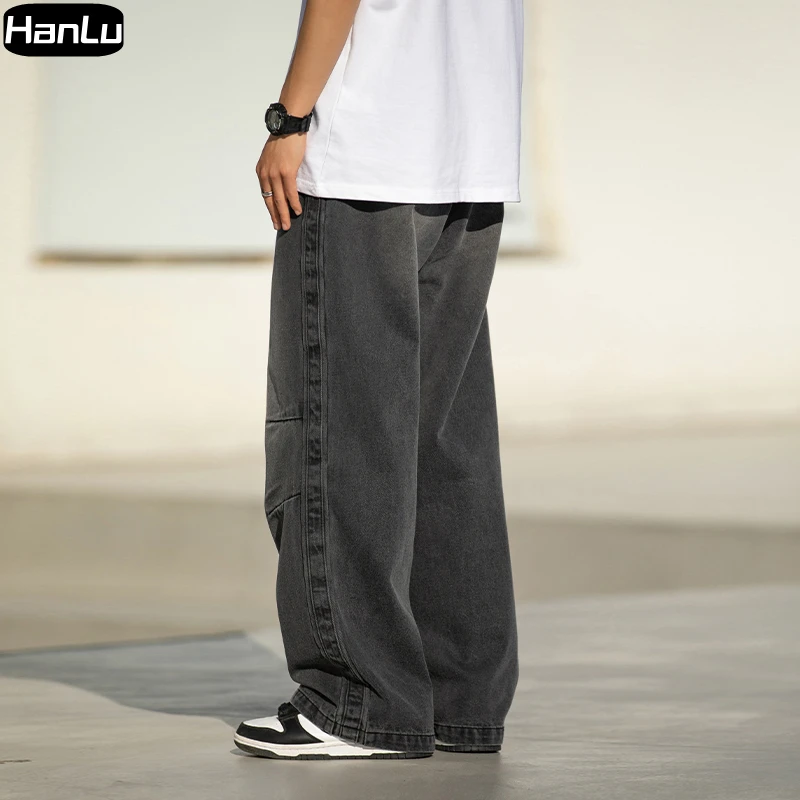 Men's Spring Vintage Washed Double pleated Jeans, Men's Loose Paratrooper Fashion Work Suit Pants Plus Size