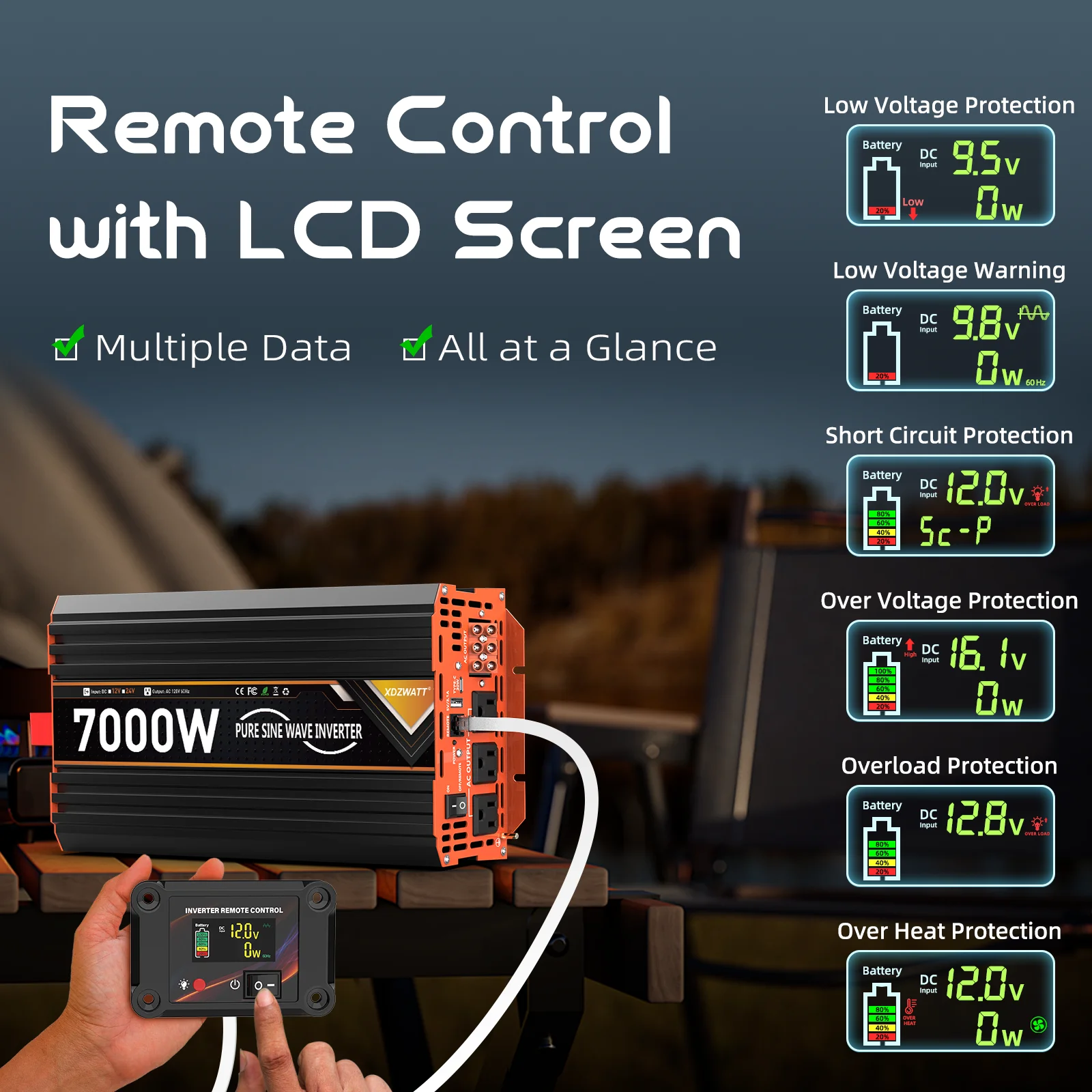 3000 واط 7000 واط الذروة 12 فولت 24 فولت موجة جيبية نقية عاكس الطاقة مع جهاز التحكم عن بعد شاشة الكريستال السائل USB نوع-C حماية متعددة ل RV #5
