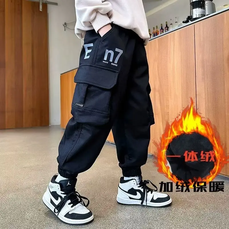 

Boys Pocket Cargo Pants Winter Warm Fleece Longchildren's warm casual trousers Christmas gifts for boys Loose-fitting Trousers F