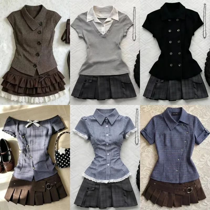 Vintage Preppy 2-Teiliges Set für Damen: Kariertes Slim-Fit Kurzarmhemd + Plissierter Minirock, Y2K Süßes Lässiges Sommer-Outfit