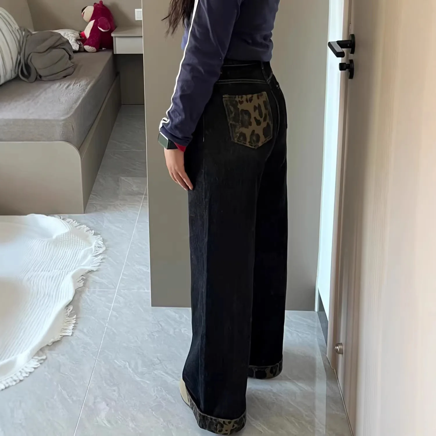 Loose patchwork wide leg jeans for women's autumn new style leopard print retro high waisted straight leg pants