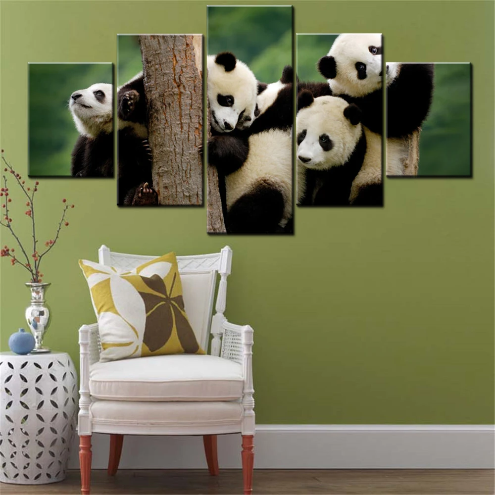 Фото Набор из 5 холщовых постеров: картины с животными, постеры с пандами, обои, декор для дома, печать изображений, искусство для гостиной
