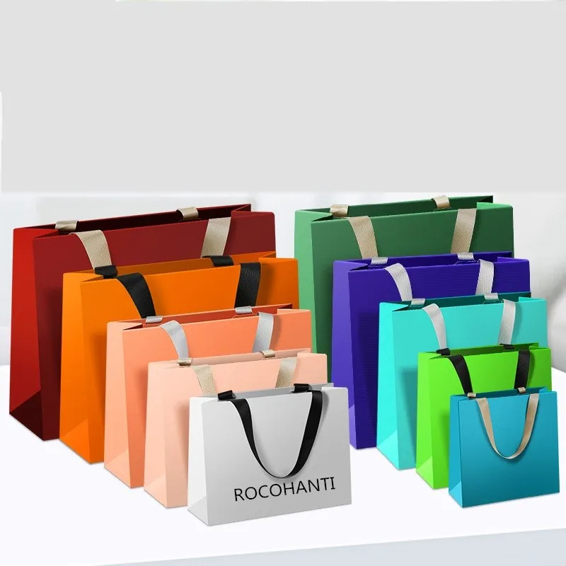 20pcs Custom Print Logo Elegant White Green Gift Paper Bags Pink Luxury Clothing Boutique Paper Shopping Bag With Ribbon Handle