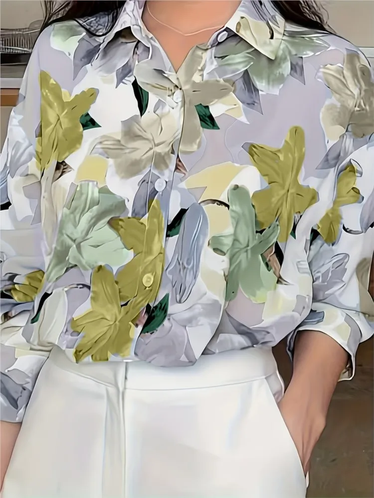 캐주얼 꽃 프린트 셔츠 여성 패션 오피스 휴일 여성 의류 Boho 긴 소매 단추 셔츠 여성 의류 탑