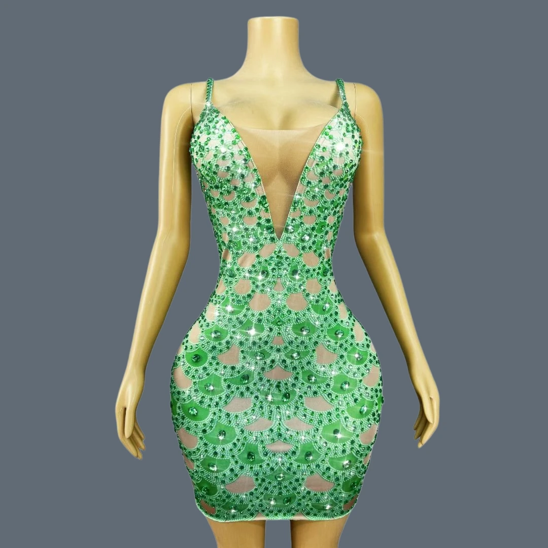 

Luxury Women Sparkly Rhinestone Mini Dress Club Dance Sexy Birthday Prom Stage Costume Chic Low-cut Green Bandage Dress Zhulvdan