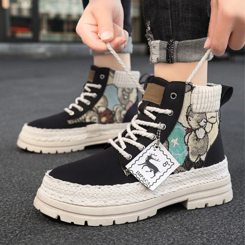 

Winter Men High Top Ankle Boots Fashion Luxury Motorcycle Boots Men Graffiti Boots Man Shoes Lace-Up Botas Hombre Big Size 39-48