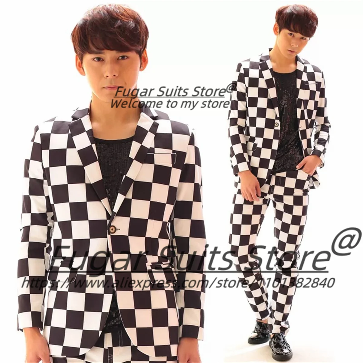 

Korean-style Prom Plaid Men Suits Customized Slim Notched Lapel Groom Party Tuxedos 2 Pcs Sets Male Formal Blazers Ropa Hombre