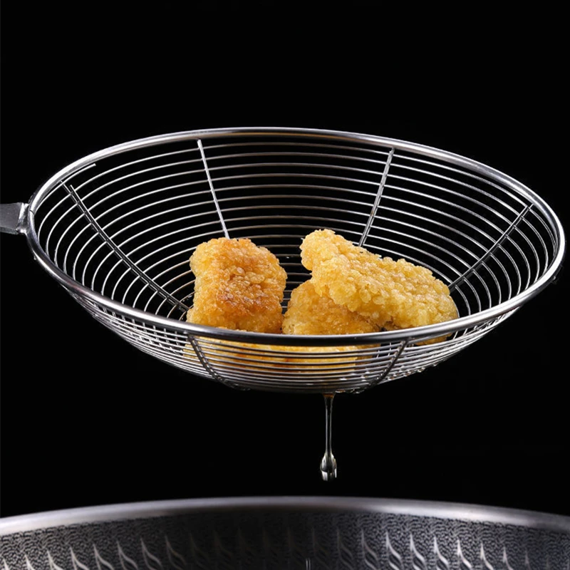 Stainless Steel Large Colander with Wooden Handle Oil Drain Skimmer Filter French Fries Sieve Spoon Home Kitchen Accessories