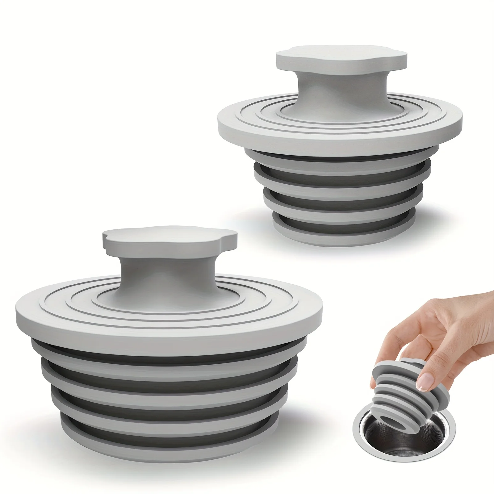 2PK Silicone Bath Plug, Ergo Handle, Leak-Proof Seal, Fits Sinks & Tubs, Tool-Free Install
